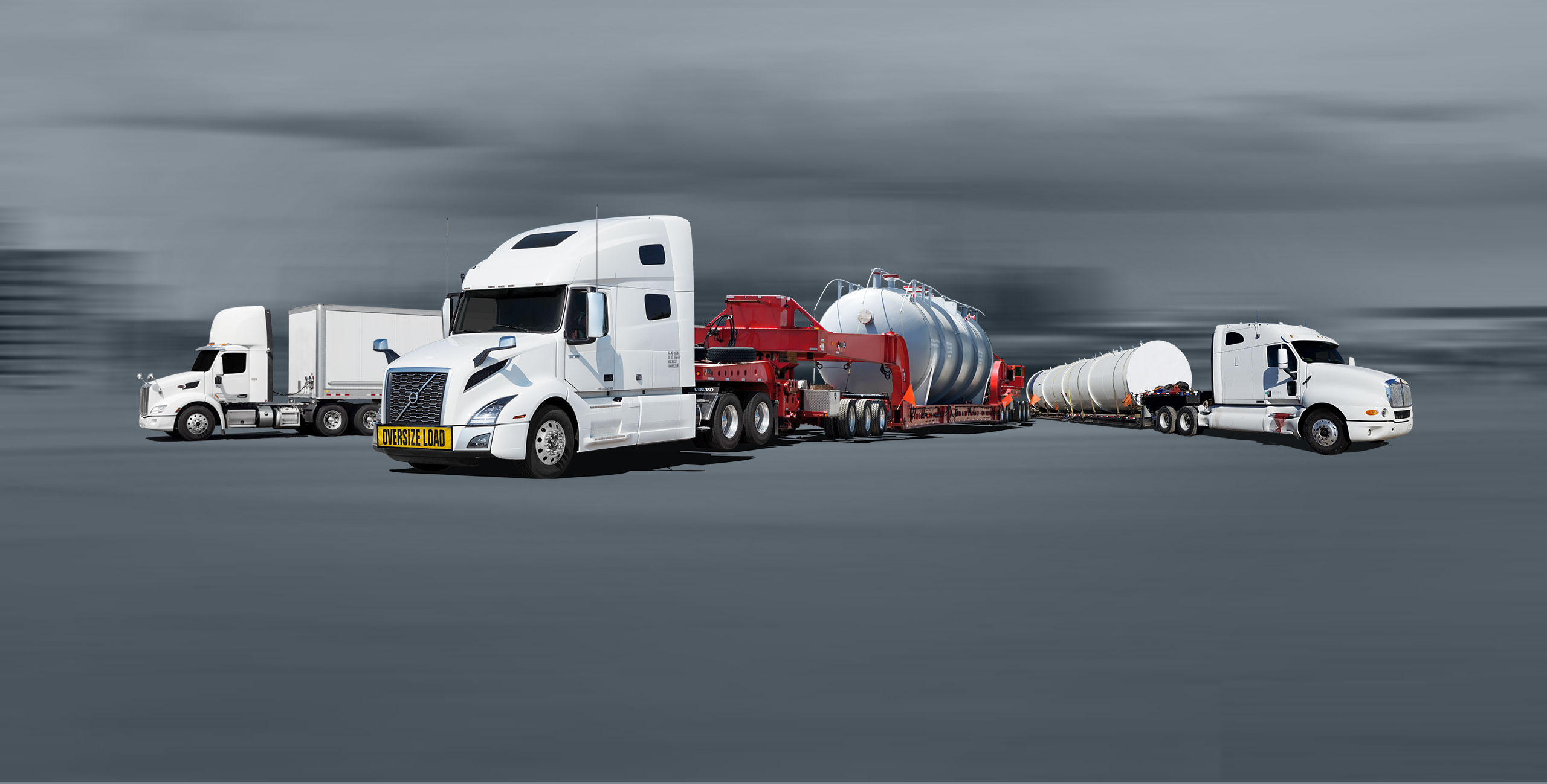 Transport trucks with dry van and flatbed trailers